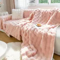 Pink plush sofa cover with 3D cube texture and thick faux fur fabric for winter warmth - 180x90cm / Sakura Pink