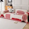 Housse de canapé minimaliste en chenille avec motifs géométriques rouges et franges - 180*130 / Impression-Rouge