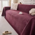Detail of burgundy chenille sofa cover with thick woven texture and decorative fringe trim - Herringbone Handkerchief - Enchanting Purple / 180*90