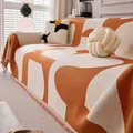 Plaid en tricot géométrique caramel et crème avec bordures décoratives à franges - Série Mika / 180x90cm / Orange