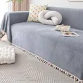 Grey herringbone chenille sofa cover with pom-pom fringe tassels in a living room - 230*340 / Dark Gray