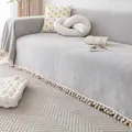 Light gray chenille sofa cover with herringbone pattern and decorative fringe ball accents - 230*340 / Light Gray