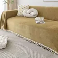 Mustard yellow herringbone sofa cover with colorful pom-pom fringe and woven texture - 230*340 / Khaki Yellow