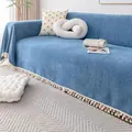 Blue herringbone chenille sofa cover with decorative pom-pom fringe tassel edges - Blue