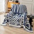 Blue and white bohemian knit throw blanket with geometric patterns and fringe - 180*150 / Blue