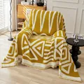 Bohemian mustard yellow knit sofa cover with geometric pattern and fringed edges - 180*90 / Mustard Yellow