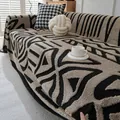Pluche chenille bankovertrek met zwart en beige geometrisch patroon in Noorse stijl - 180*130 / Licht Kameel
