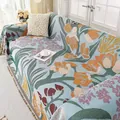 Copridivano in maglia blu con tulipani vintage, motivi floreali e bordi con frange - Pittura a Olio Retrò-Limone Serale