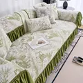 Tropical white and green floral non-slip sofa cover set with parrot patterns and ruffled edge - 110*240 / Jungle Whisper - Matcha Green