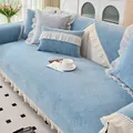 Light blue chenille sofa cover set with floral quilting and white lace ruffle trim - 70*70 / Peony - Blue