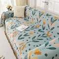 Copridivano in maglia vintage color ciano chiaro con motivi floreali arancioni e frange - Pittura a Olio Retrò-Tulipano Limone