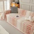 Bohemian knit sofa cover in cream with orange geometric patterns and tassel fringe - 180*130 / Orange
