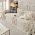 Bohemian cream beige knitted sofa throw blanket with geometric patterns and tassels - Khaki