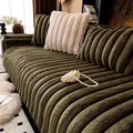 Thick faux rabbit fur sofa cover with vertical stripes in dark green and cream white - 70x70cm / Green