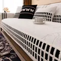 Modern white chenille sofa cushion with marble texture and black plaid tassel trim - 70*70 / White