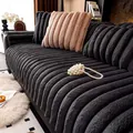 Thick dark grey rabbit fur plush sofa cover with striped texture and matching cushions - 70x70cm / Dark Gray