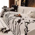 Cream chenille sofa cover blanket with black floral jacquard and fringed edges - 180*130 / White