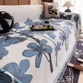 White chenille sofa cover with blue floral patterns and decorative fringe edges - 180*130 / White