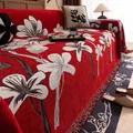 Red chenille sofa cover with white floral pattern and decorative tassel trim - 180*130 / Red