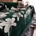 Dark green chenille sofa cover with white floral pattern and elegant fringe edges - Forest Green