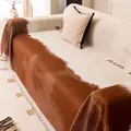 Creamy beige and brown splash ink pattern sofa throw with HAPPY text and tassel edges - 180x150cm / Brown