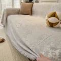 Moroccan retro grey chenille sofa cover with geometric jacquard and fringe details - Light Gray / 180x150