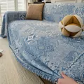 Blue and white Moroccan jacquard chenille sofa cover with geometric patterns and tassels - Blue / 180x150
