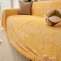 Bright yellow bohemian chenille sofa cover with geometric jacquard and fringe details - Yellow / 180x150