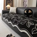Chenille black sofa cover with white leaf patterns and wavy beige borders for a modern look - 90cm x 70cm / Black