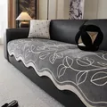 Dark grey chenille sofa cover with white floral leaf patterns and wavy scalloped edges - 90cm x 70cm / Gray