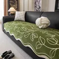 Dark green chenille sofa cover with white leaf patterns and wavy edges for cushions - 90cm x 70cm / Green