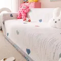Copridivano in ciniglia color crema con cuori colorati e bordi rifiniti con nappe - Blu / 180*130