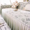 French style floral sofa cover with pleated skirt in green and white gradient design - 180*130 / Tulip Ruffle - Green