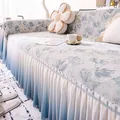 French luxury light blue floral chenille sofa cover with elegant pleated skirt hem - 180*130 / Tulip Ruffle - Blue