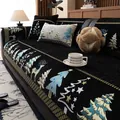 Festive black chenille sofa cover with Christmas deer and tree jacquard patterns - 70x70cm / Black