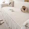 Cream white chenille sofa cover with diamond weave pattern and ruffle edge detail - 180*130 / Diamond Off-White