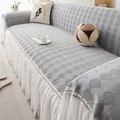 Grey diamond pattern chenille sofa cover with white pleated lace trim and golden edging - 180*130 / Diamond Gray