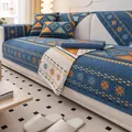 Housse de canapé bohème en chenille bleu foncé avec motifs géométriques orange - 70x70cm / Bleu