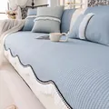 Light blue waffle textured cooling summer sofa mat with white ruffled lace edge and pillows - 70x70 / Blue