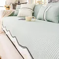 Mint green waffle knit cooling sofa cover with elegant white lace trim and ruffle edge - 70x70cm / Green