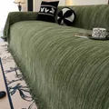 Dark green chenille sofa cover with vertical corduroy texture and decorative fringe trim - 180*130 / Green