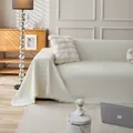 Cream waffle textured couch cover with fringe trim, double-sided soft furniture throw - 180x130 / Beige