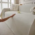 Solid cream waffle weave chenille sofa cover with decorative fringe and thick texture - 180x90cm / Beige
