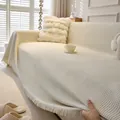 Creamy white waffle weave chenille sofa cover with soft fringe edges for decor - 180*90 / Beige