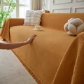 Ginger yellow waffle texture chenille sofa cover with decorative fringed edges - 180x90cm / Orange