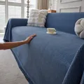 Solid deep blue waffle weave chenille sofa cover with tassel fringe and soft texture - 180x90cm / Fog Blue