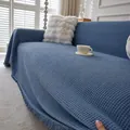 Blue waffle-weave chenille sofa cover with fringes, soft and reversible fabric - 180*90 / Fog Blue