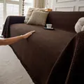 Deep brown waffle texture chenille sofa cover with fringe detail for furniture protection - 180x90 / Dark Coffee