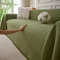 Grass green waffle weave chenille sofa cover with fringe detail and textured fabric - 180x90 / Matcha Green