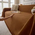 Solid brown waffle weave chenille sofa cover with fringe details in cozy home setting - 180*90 / Brown